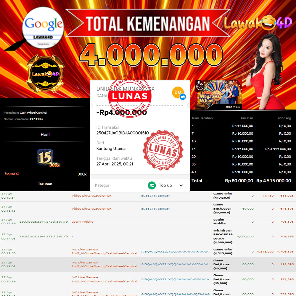 🎉 Selamat untuk Member Setia LAWAK4D! Kemenangan Anda telah berhasil diproses dengan cepat & aman.