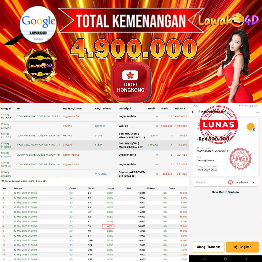 🎉 Selamat untuk Member Setia LAWAK4D! Kemenangan Anda telah berhasil diproses dengan cepat & aman.