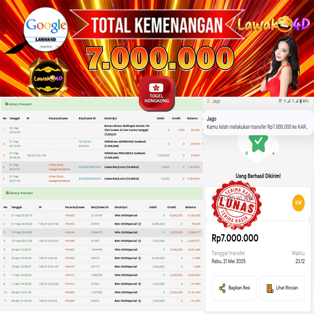 🎉 Selamat untuk Member Setia LAWAK4D! Kemenangan Anda telah berhasil diproses dengan cepat & aman.