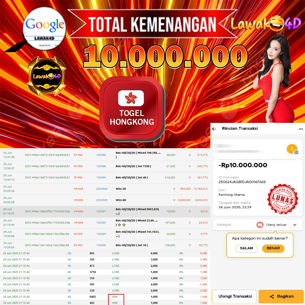 🎉 Selamat untuk Member Setia LAWAK4D! Kemenangan Anda telah berhasil diproses dengan cepat & aman.