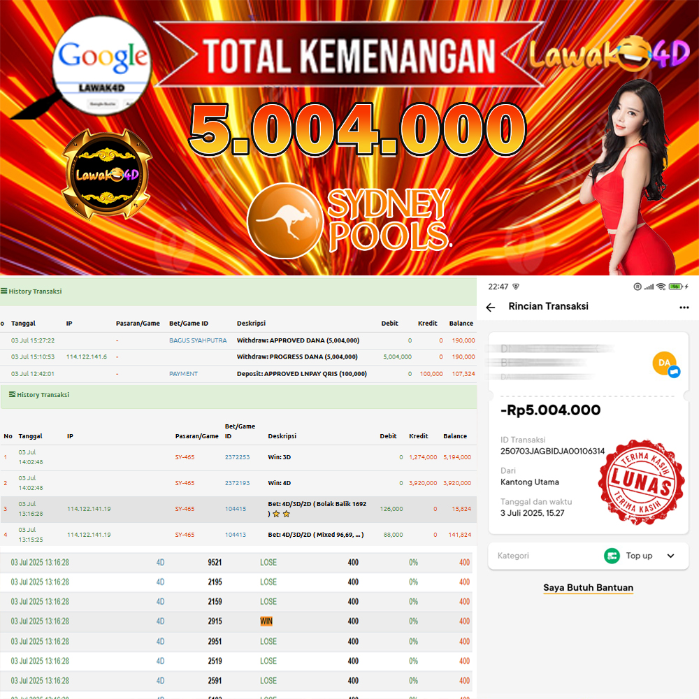🎉 Selamat untuk Member Setia LAWAK4D! Kemenangan Anda telah berhasil diproses dengan cepat & aman.