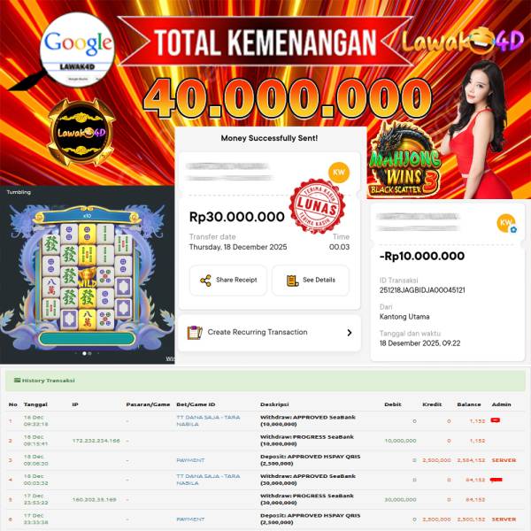 🎉 Selamat untuk Member Setia LAWAK4D! Kemenangan Anda telah berhasil diproses dengan cepat & aman.