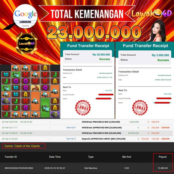 🎉 Selamat untuk Member Setia LAWAK4D! Kemenangan Anda telah berhasil diproses dengan cepat & aman.